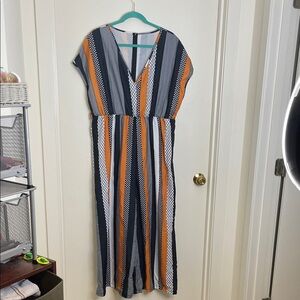 Elegant Striped V-Neck Jumpsuit - Orange, Black, White